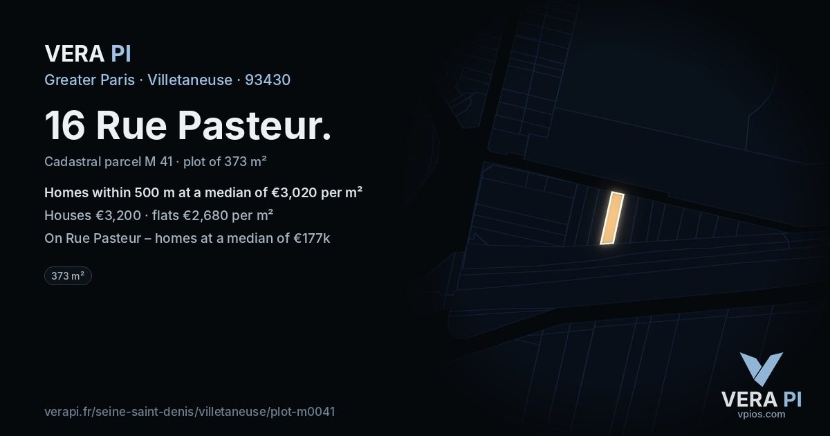 16 Rue Pasteur, Villetaneuse at night – the plot lit, the parcels around coloured by the prices near them
