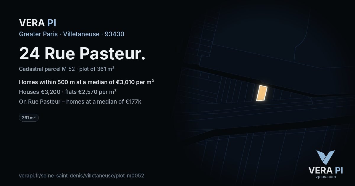 24 Rue Pasteur, Villetaneuse at night – the plot lit, the parcels around coloured by the prices near them