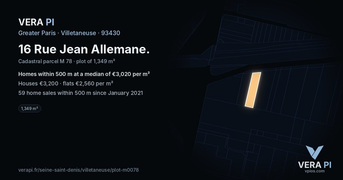 16 Rue Jean Allemane, Villetaneuse at night – the plot lit, the parcels around coloured by the prices near them