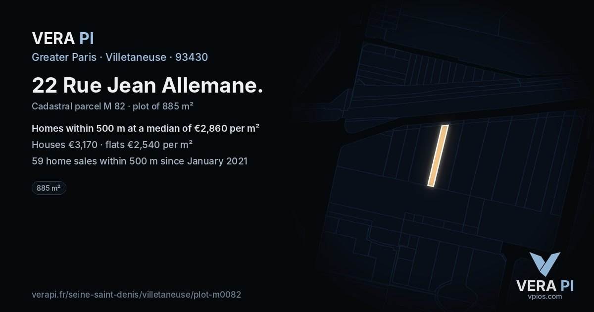 22 Rue Jean Allemane, Villetaneuse at night – the plot lit, the parcels around coloured by the prices near them