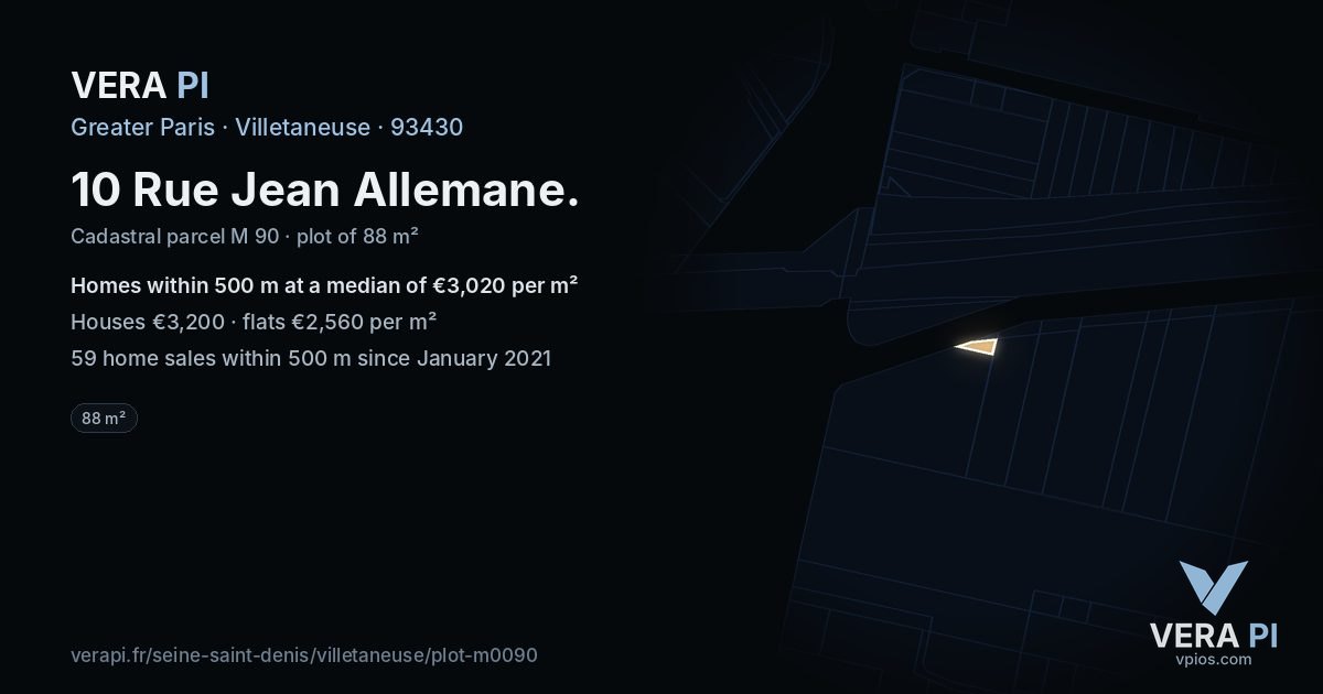 10 Rue Jean Allemane, Villetaneuse at night – the plot lit, the parcels around coloured by the prices near them