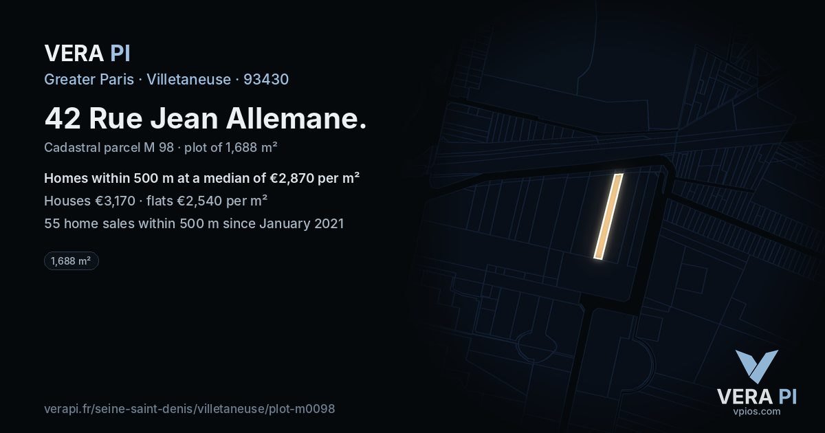 42 Rue Jean Allemane, Villetaneuse at night – the plot lit, the parcels around coloured by the prices near them