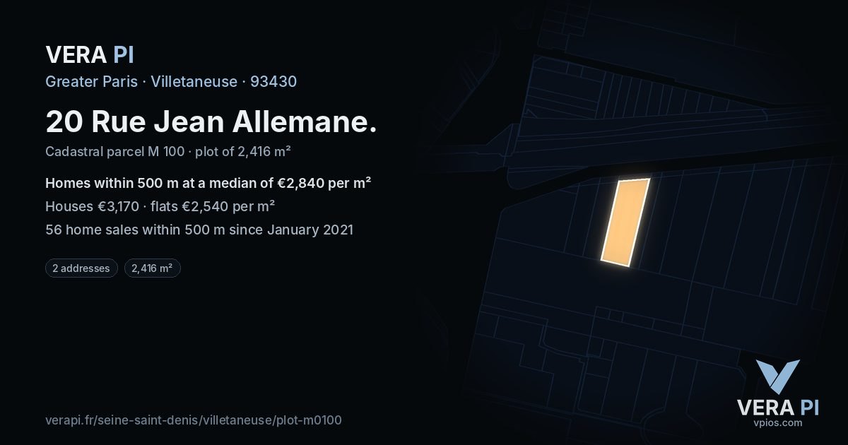 20 Rue Jean Allemane, Villetaneuse at night – the plot lit, the parcels around coloured by the prices near them