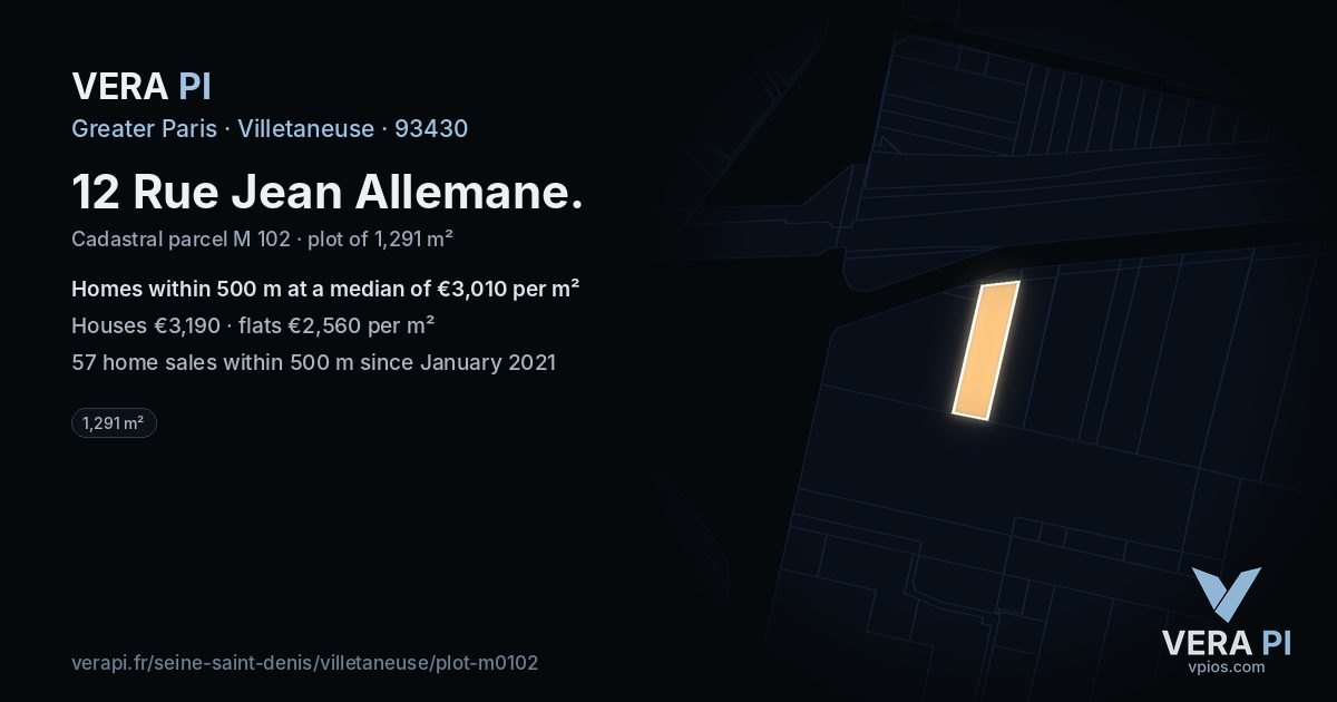 12 Rue Jean Allemane, Villetaneuse at night – the plot lit, the parcels around coloured by the prices near them