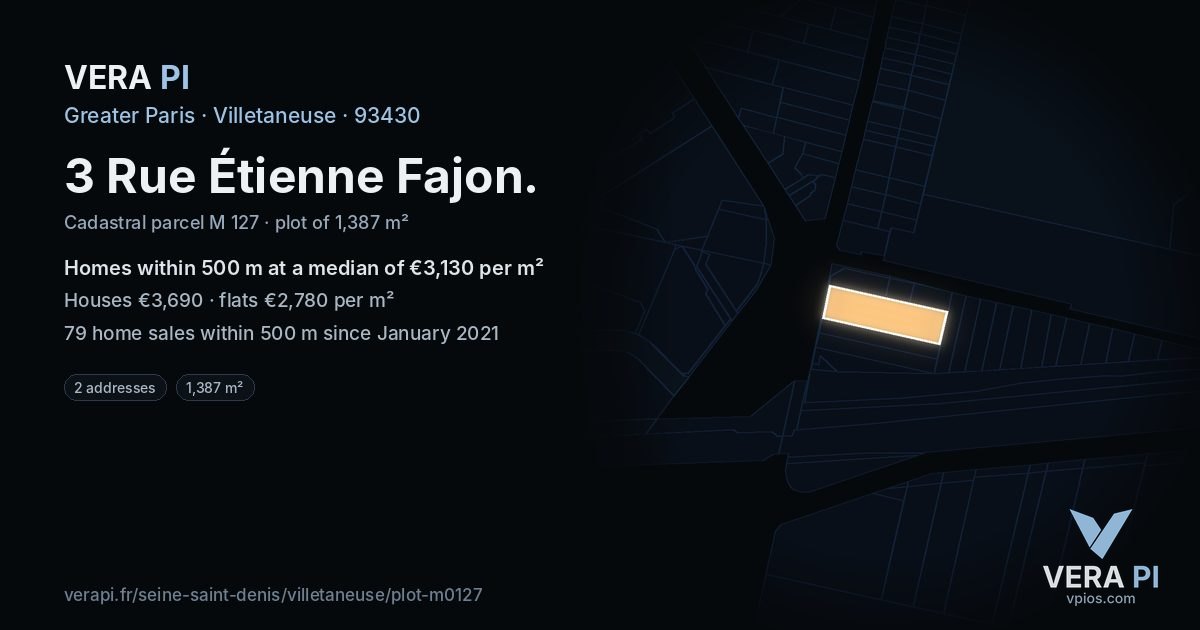 3 Rue Étienne Fajon, Villetaneuse at night – the plot lit, the parcels around coloured by the prices near them