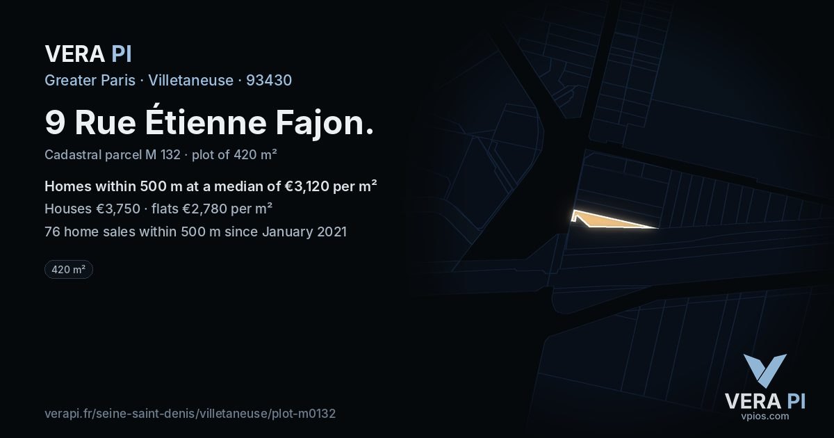 9 Rue Étienne Fajon, Villetaneuse at night – the plot lit, the parcels around coloured by the prices near them