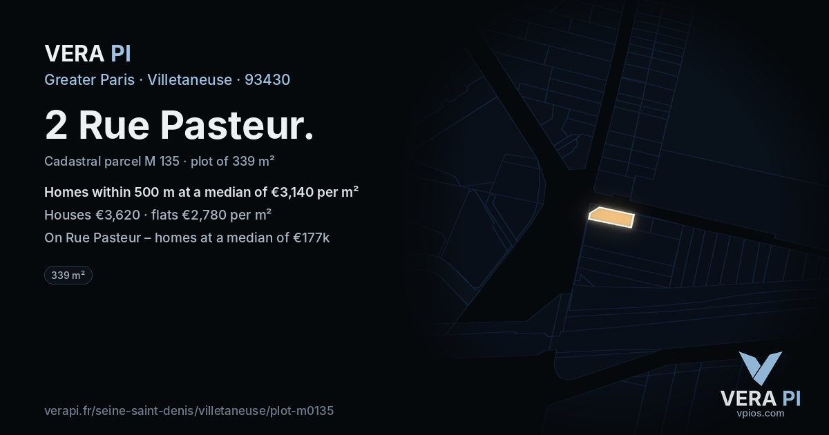 2 Rue Pasteur, Villetaneuse at night – the plot lit, the parcels around coloured by the prices near them