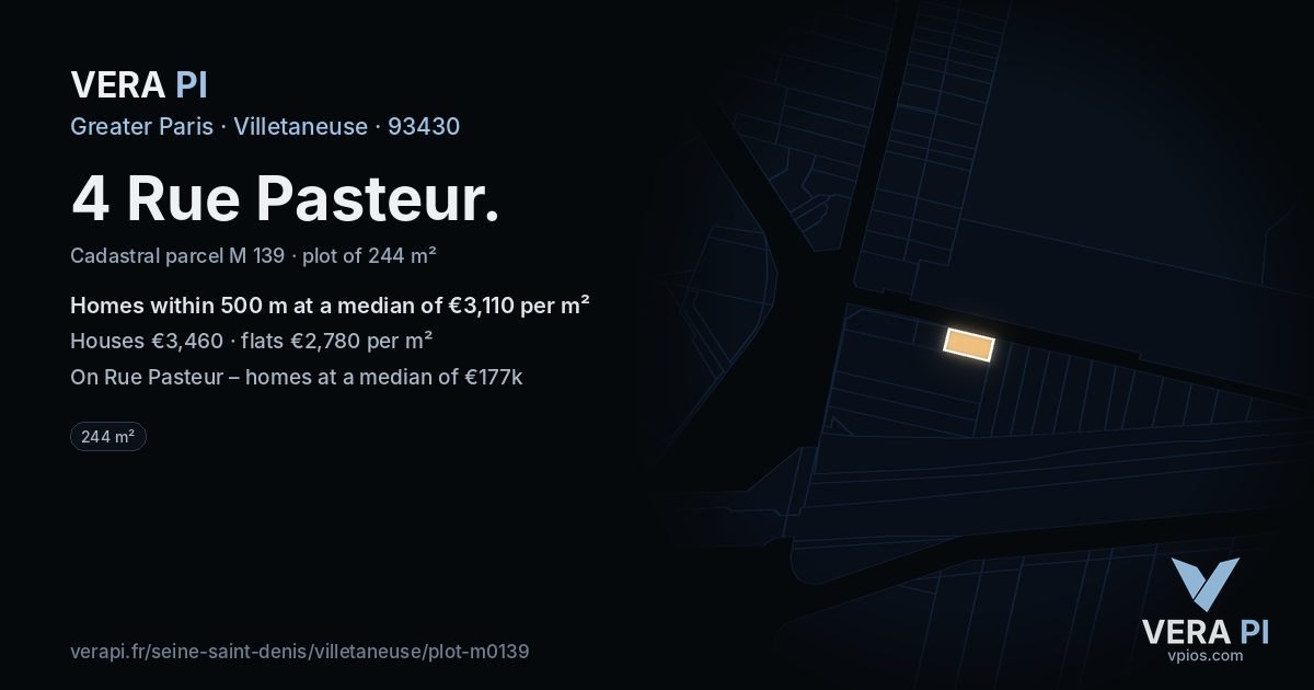 4 Rue Pasteur, Villetaneuse at night – the plot lit, the parcels around coloured by the prices near them