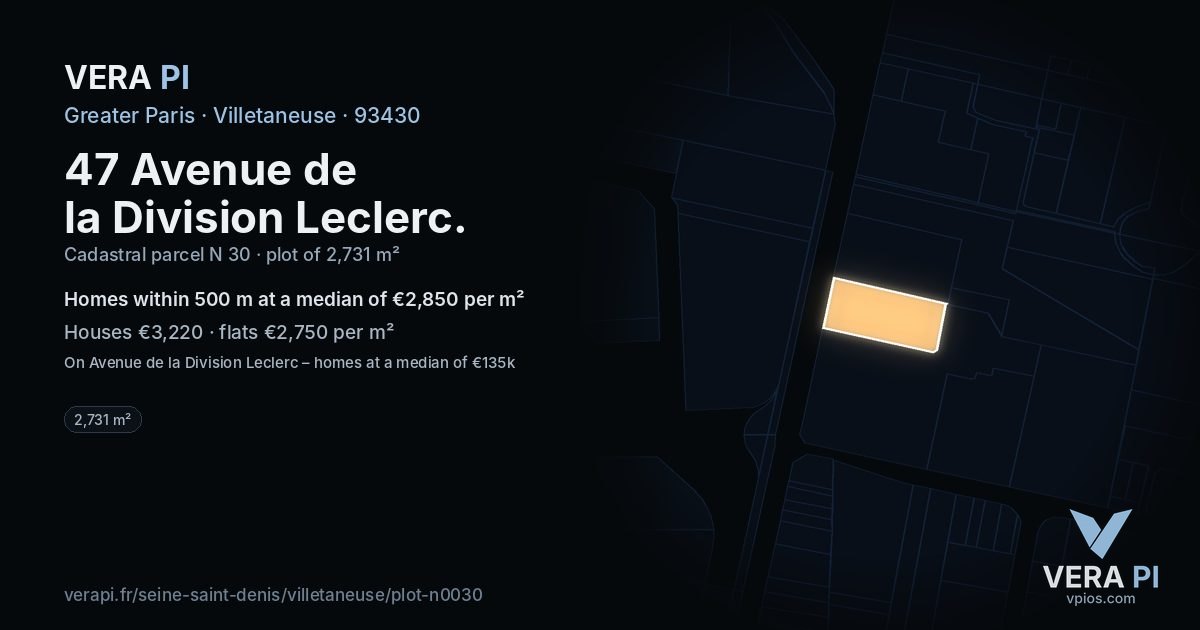 47 Avenue de la Division Leclerc, Villetaneuse at night – the plot lit, the parcels around coloured by the prices near them
