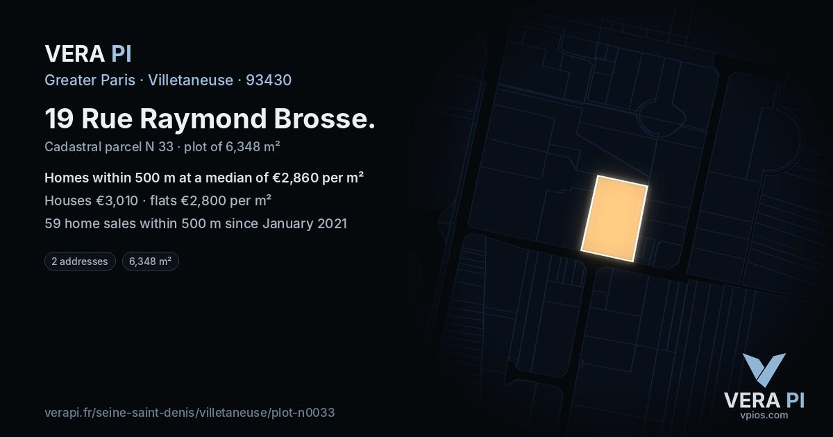 19 Rue Raymond Brosse, Villetaneuse at night – the plot lit, the parcels around coloured by the prices near them