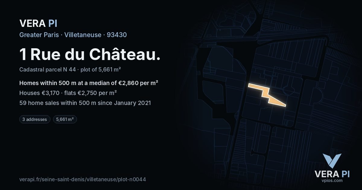1 Rue du Château, Villetaneuse at night – the plot lit, the parcels around coloured by the prices near them