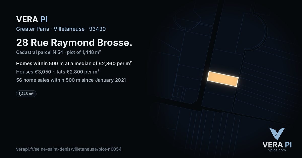 28 Rue Raymond Brosse, Villetaneuse at night – the plot lit, the parcels around coloured by the prices near them
