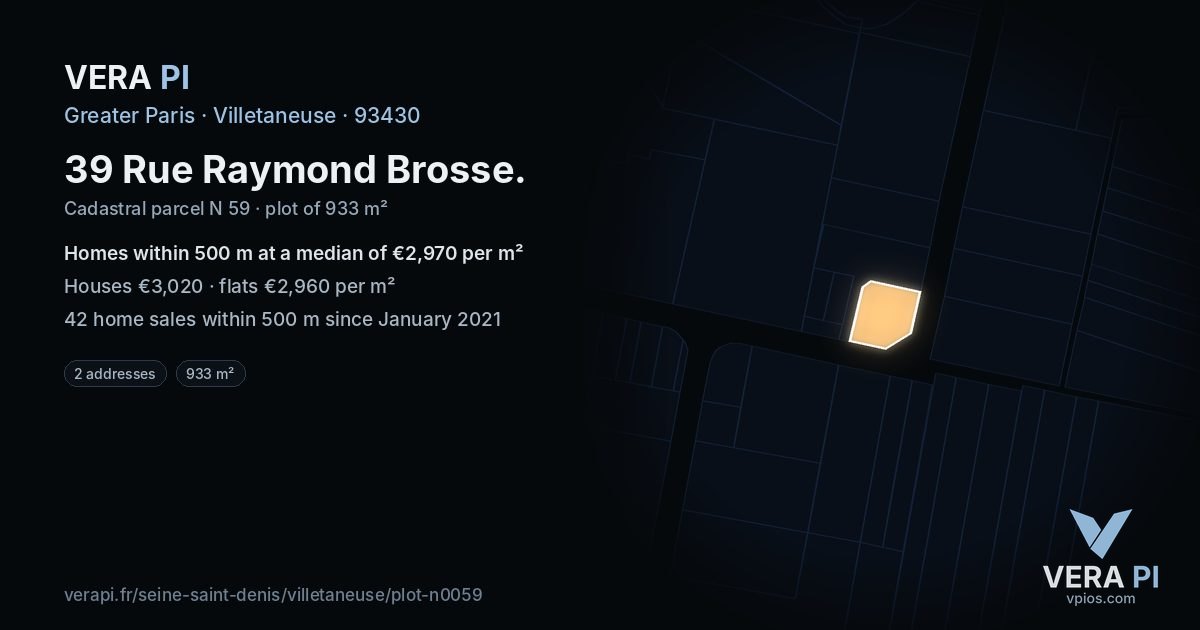39 Rue Raymond Brosse, Villetaneuse at night – the plot lit, the parcels around coloured by the prices near them