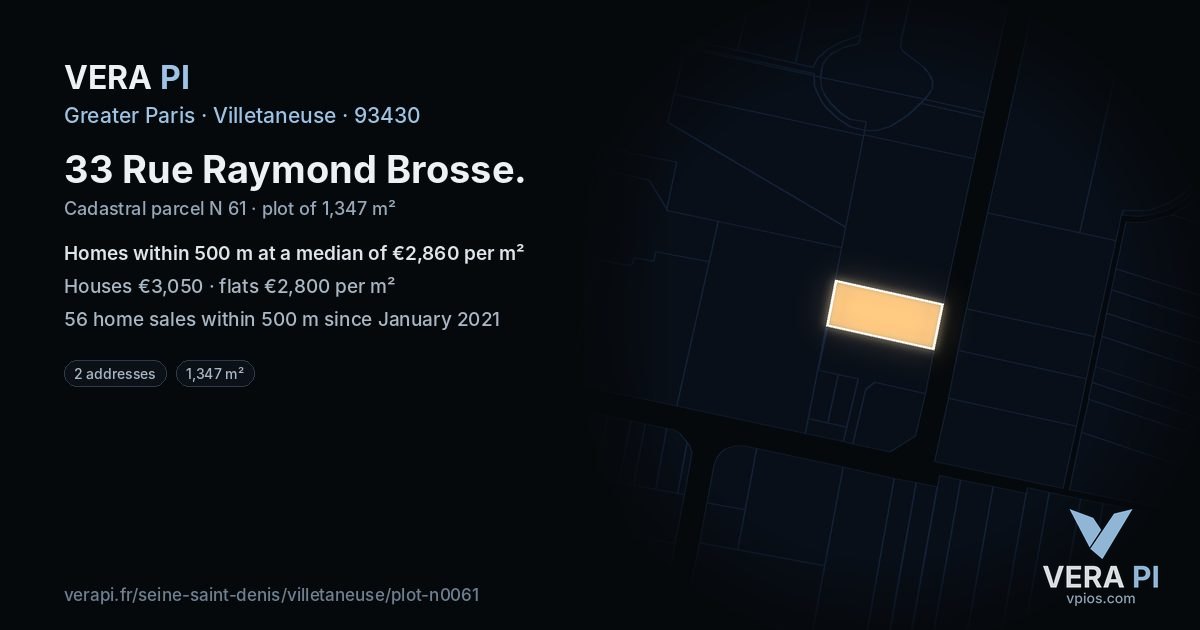 33 Rue Raymond Brosse, Villetaneuse at night – the plot lit, the parcels around coloured by the prices near them