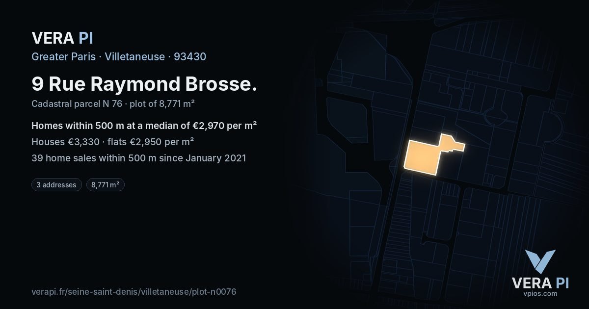 9 Rue Raymond Brosse, Villetaneuse at night – the plot lit, the parcels around coloured by the prices near them
