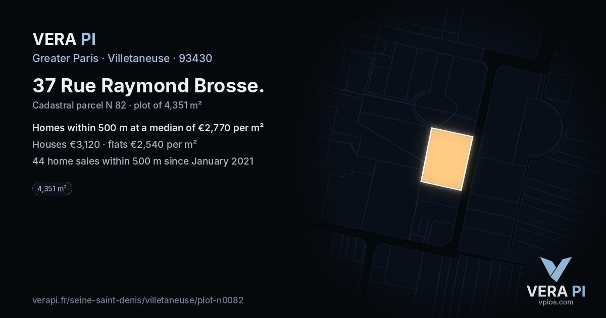 37 Rue Raymond Brosse, Villetaneuse at night – the plot lit, the parcels around coloured by the prices near them