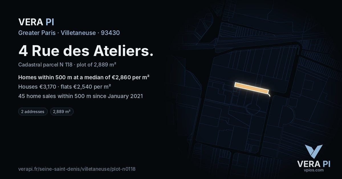 4 Rue des Ateliers, Villetaneuse at night – the plot lit, the parcels around coloured by the prices near them