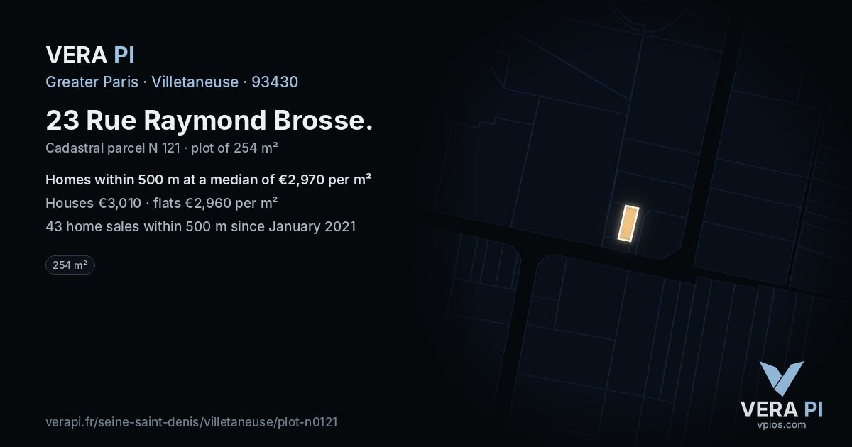 23 Rue Raymond Brosse, Villetaneuse at night – the plot lit, the parcels around coloured by the prices near them