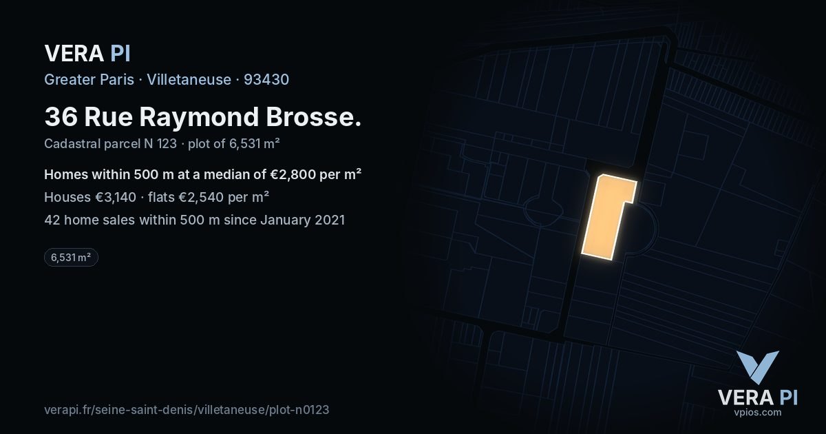 36 Rue Raymond Brosse, Villetaneuse at night – the plot lit, the parcels around coloured by the prices near them