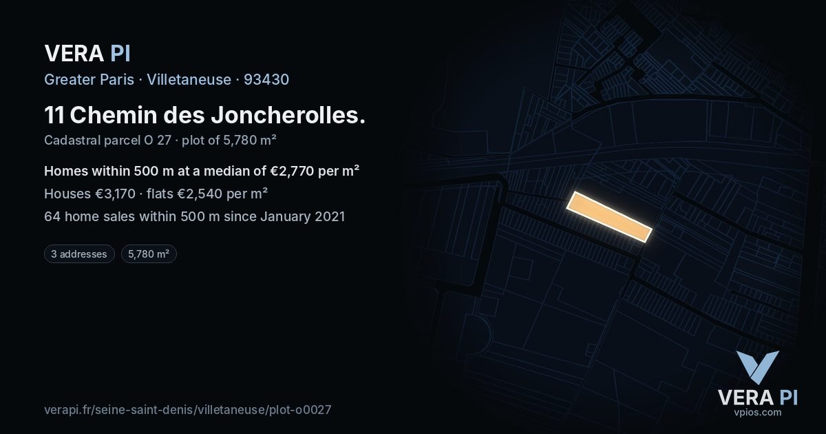 11 Chemin des Joncherolles, Villetaneuse at night – the plot lit, the parcels around coloured by the prices near them