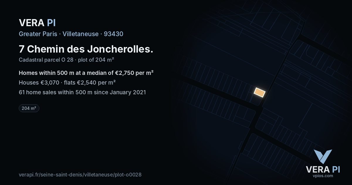 7 Chemin des Joncherolles, Villetaneuse at night – the plot lit, the parcels around coloured by the prices near them