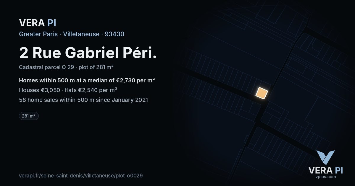 2 Rue Gabriel Péri, Villetaneuse at night – the plot lit, the parcels around coloured by the prices near them
