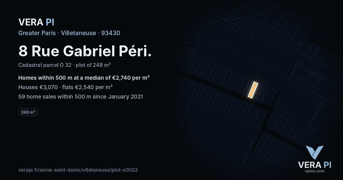 8 Rue Gabriel Péri, Villetaneuse at night – the plot lit, the parcels around coloured by the prices near them