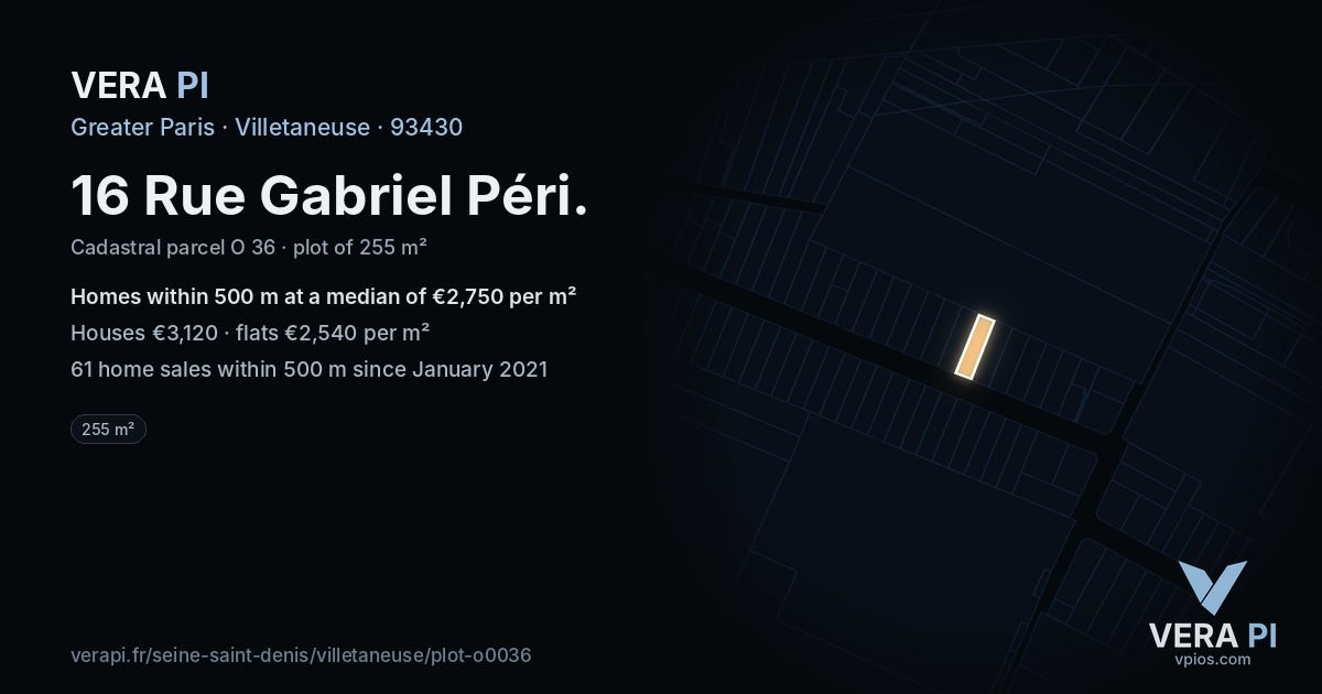 16 Rue Gabriel Péri, Villetaneuse at night – the plot lit, the parcels around coloured by the prices near them