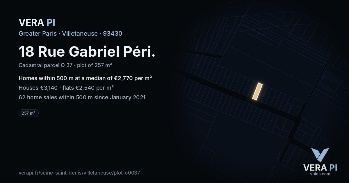 18 Rue Gabriel Péri, Villetaneuse at night – the plot lit, the parcels around coloured by the prices near them