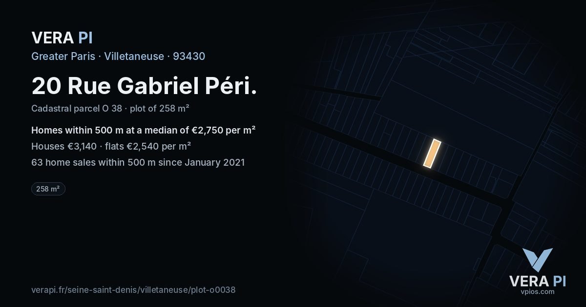 20 Rue Gabriel Péri, Villetaneuse at night – the plot lit, the parcels around coloured by the prices near them