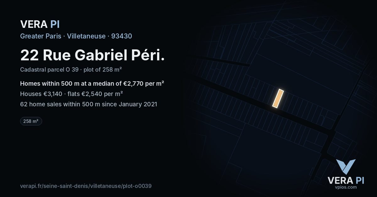 22 Rue Gabriel Péri, Villetaneuse at night – the plot lit, the parcels around coloured by the prices near them