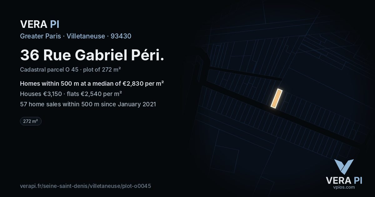 36 Rue Gabriel Péri, Villetaneuse at night – the plot lit, the parcels around coloured by the prices near them