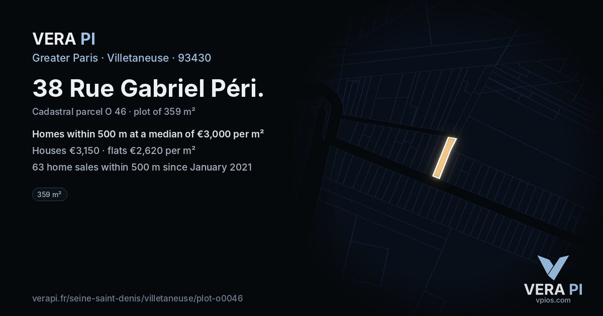 38 Rue Gabriel Péri, Villetaneuse at night – the plot lit, the parcels around coloured by the prices near them