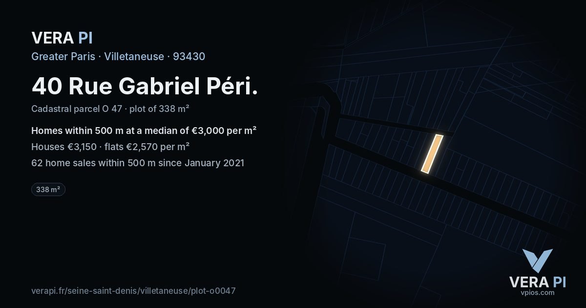 40 Rue Gabriel Péri, Villetaneuse at night – the plot lit, the parcels around coloured by the prices near them