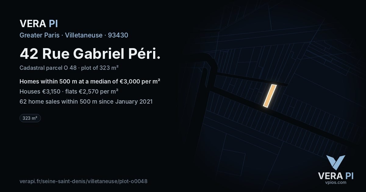 42 Rue Gabriel Péri, Villetaneuse at night – the plot lit, the parcels around coloured by the prices near them