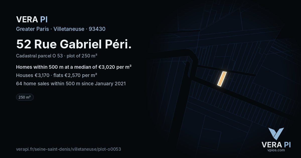 52 Rue Gabriel Péri, Villetaneuse at night – the plot lit, the parcels around coloured by the prices near them