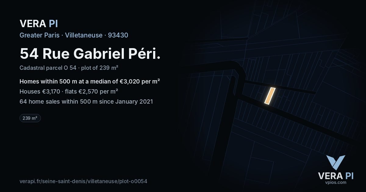 54 Rue Gabriel Péri, Villetaneuse at night – the plot lit, the parcels around coloured by the prices near them