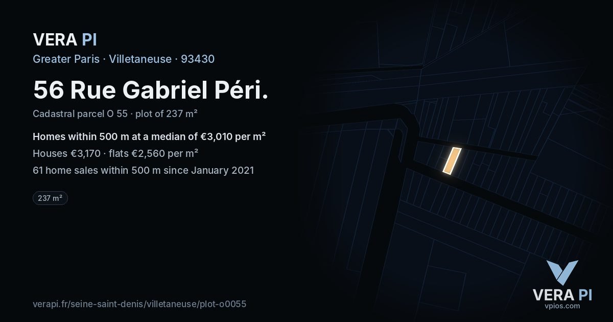 56 Rue Gabriel Péri, Villetaneuse at night – the plot lit, the parcels around coloured by the prices near them
