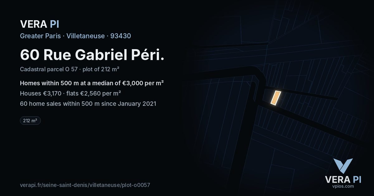 60 Rue Gabriel Péri, Villetaneuse at night – the plot lit, the parcels around coloured by the prices near them