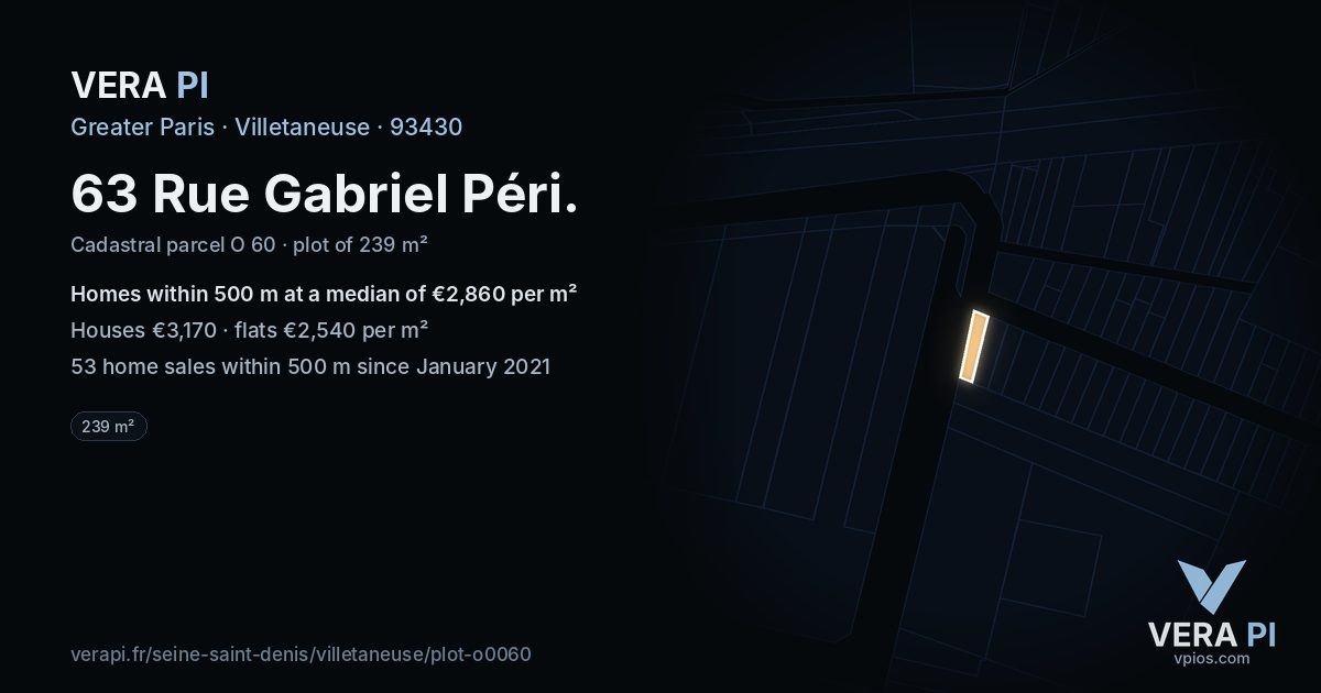 63 Rue Gabriel Péri, Villetaneuse at night – the plot lit, the parcels around coloured by the prices near them