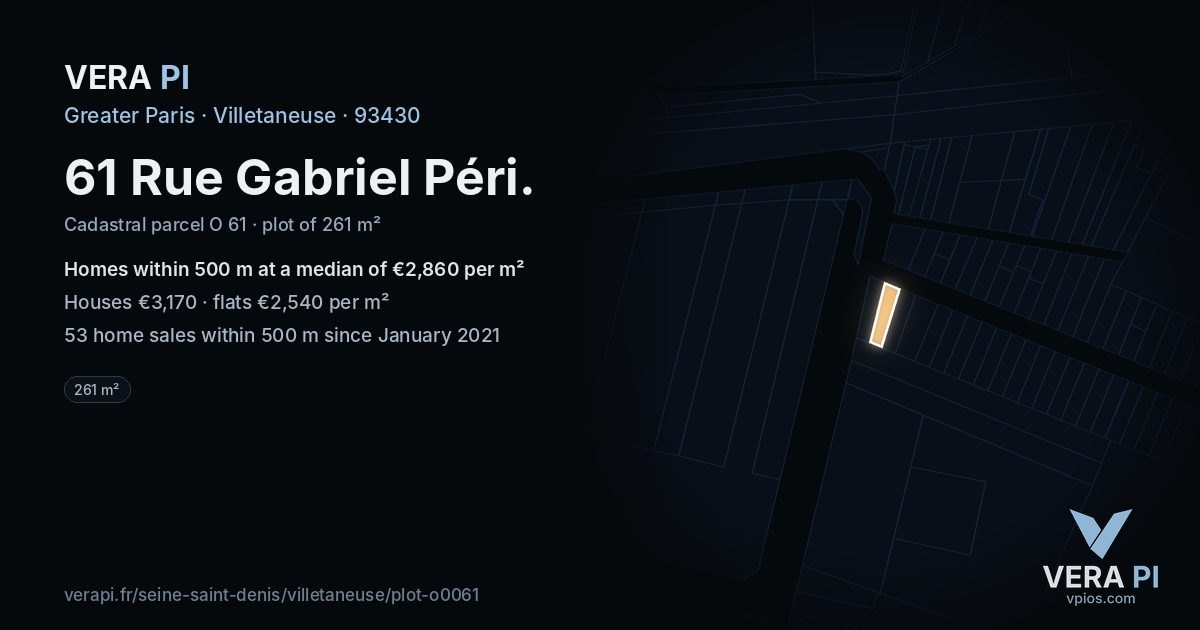 61 Rue Gabriel Péri, Villetaneuse at night – the plot lit, the parcels around coloured by the prices near them