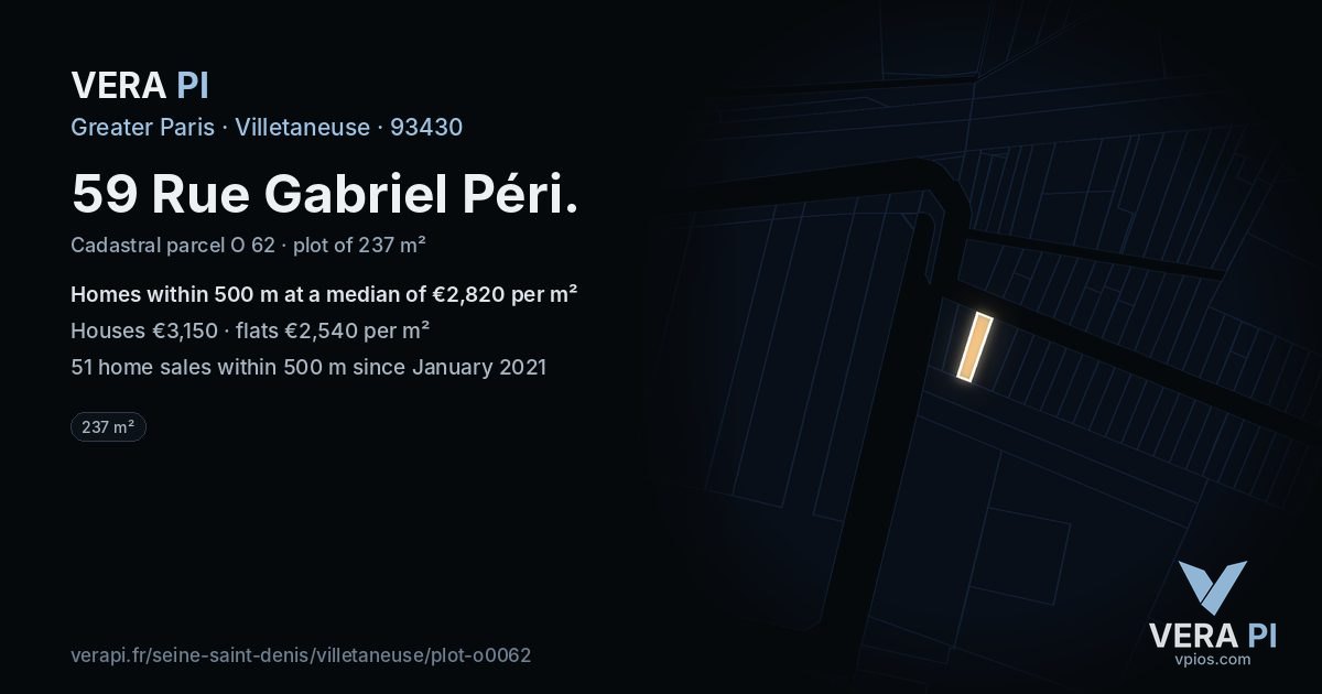59 Rue Gabriel Péri, Villetaneuse at night – the plot lit, the parcels around coloured by the prices near them
