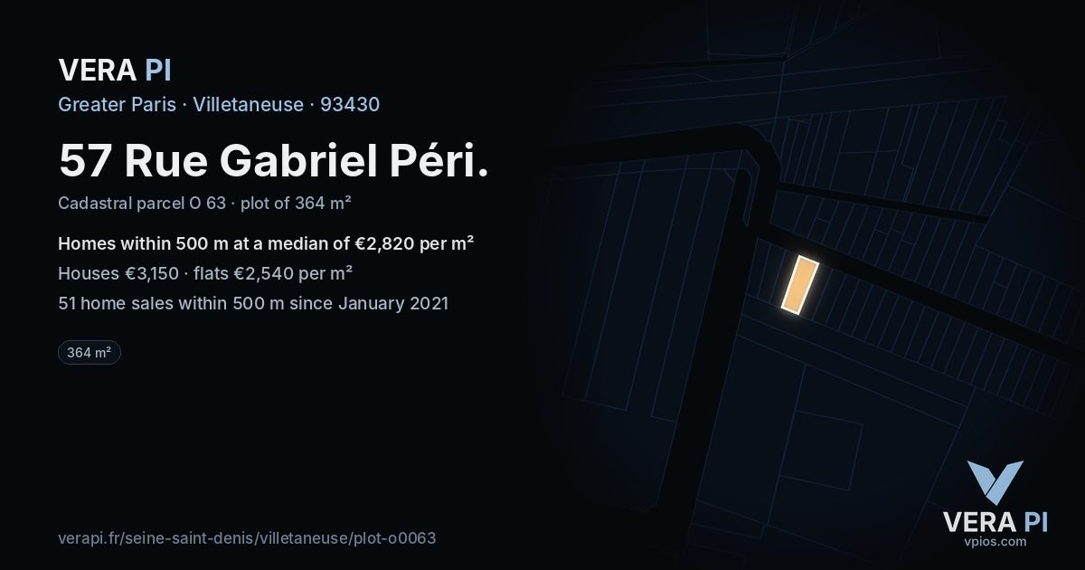 57 Rue Gabriel Péri, Villetaneuse at night – the plot lit, the parcels around coloured by the prices near them