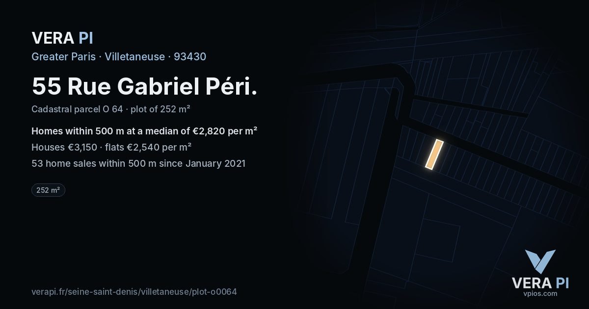 55 Rue Gabriel Péri, Villetaneuse at night – the plot lit, the parcels around coloured by the prices near them