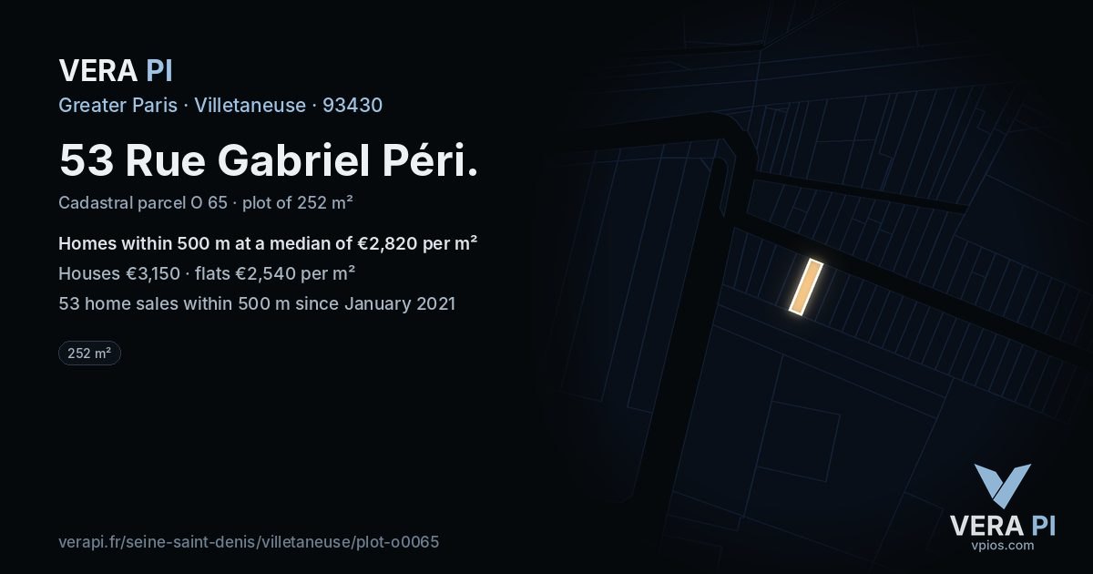 53 Rue Gabriel Péri, Villetaneuse at night – the plot lit, the parcels around coloured by the prices near them