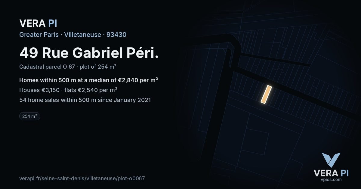 49 Rue Gabriel Péri, Villetaneuse at night – the plot lit, the parcels around coloured by the prices near them