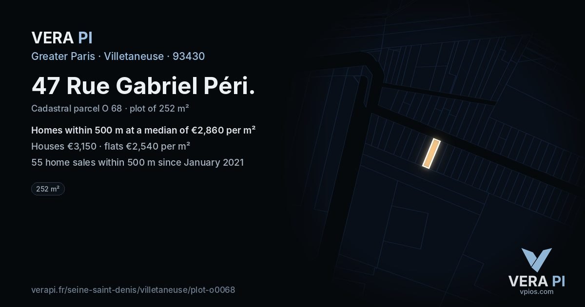 47 Rue Gabriel Péri, Villetaneuse at night – the plot lit, the parcels around coloured by the prices near them
