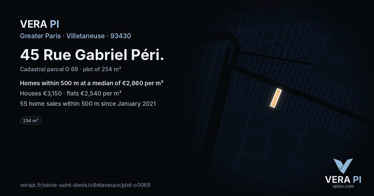 45 Rue Gabriel Péri, Villetaneuse at night – the plot lit, the parcels around coloured by the prices near them
