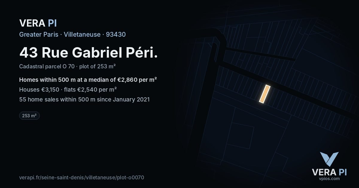 43 Rue Gabriel Péri, Villetaneuse at night – the plot lit, the parcels around coloured by the prices near them