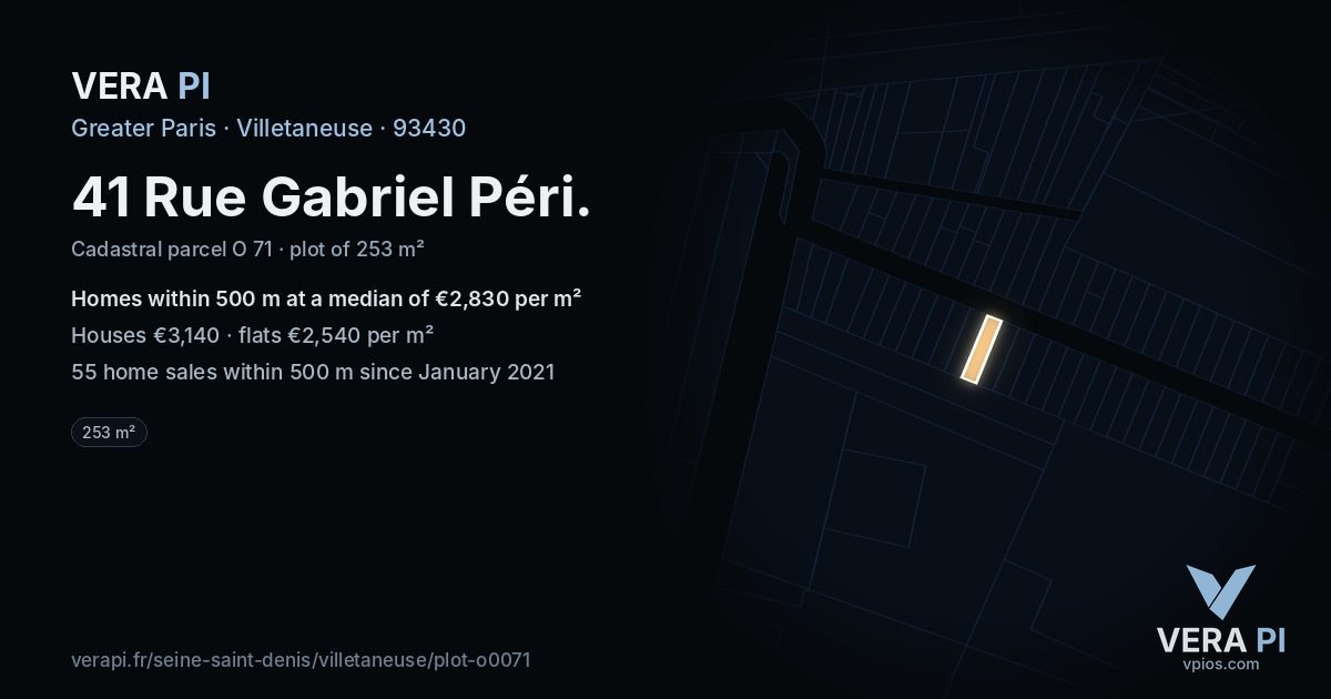 41 Rue Gabriel Péri, Villetaneuse at night – the plot lit, the parcels around coloured by the prices near them